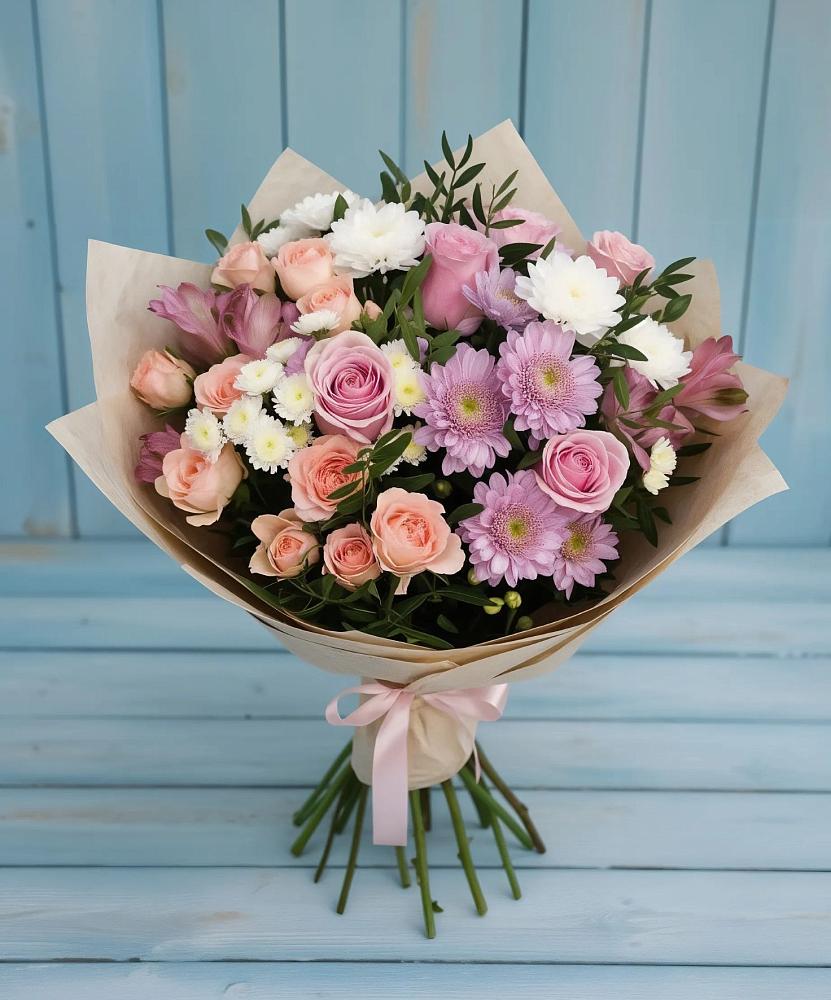 Букет цветов из: Хризантемы, Розы и Альстромерии в Выдрино