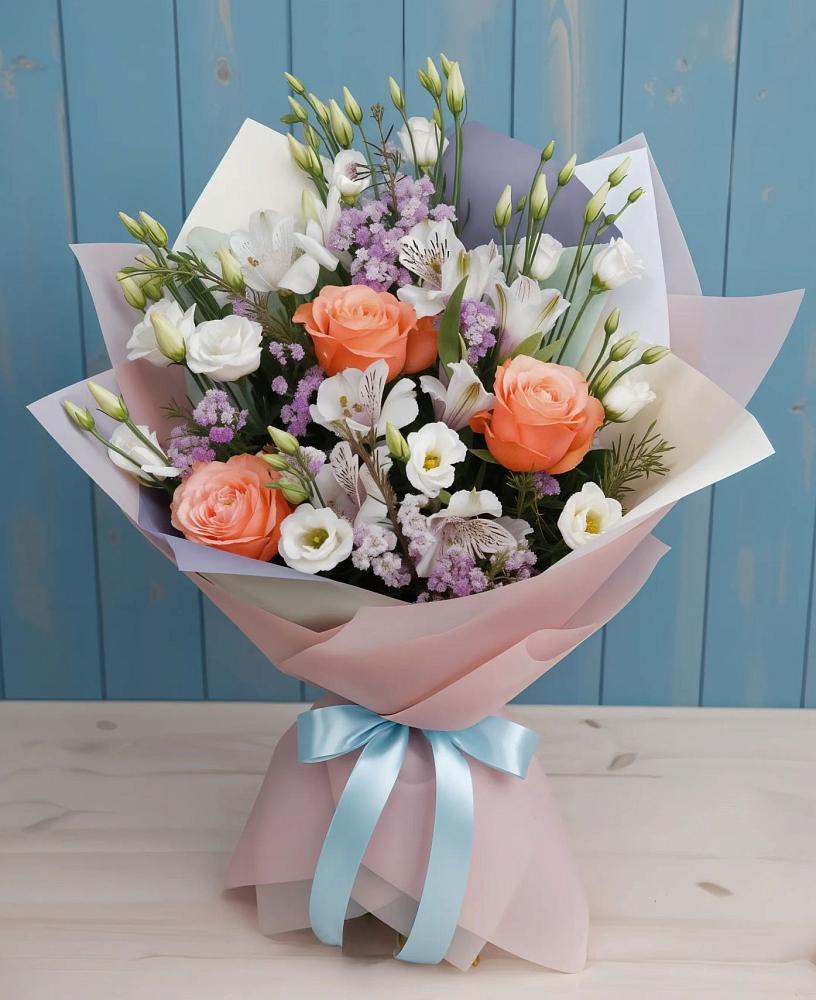 Букет цветов из: Лизиантусы, Розы, Альстромерии и Гипсофила в Выдрино