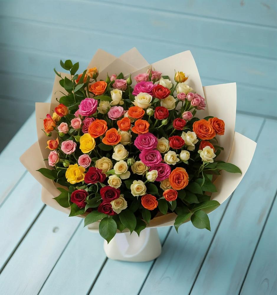 Букет Микс из разноцветных кустовых роз в Выдрино