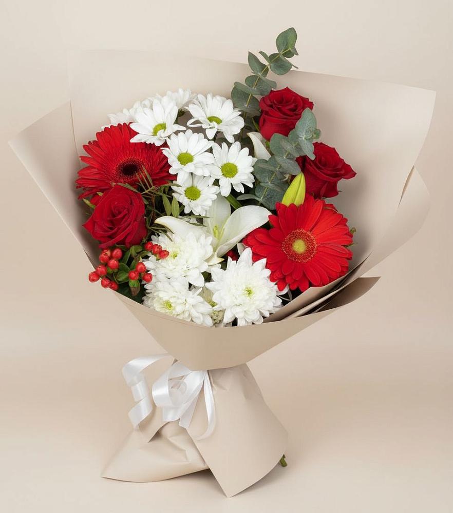 Букет цветов из: Розы, Хризантемы, Герберы и Лилии в Выдрино