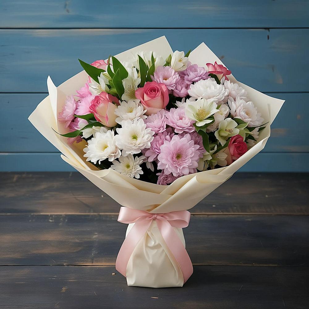 Букет цветов из: Хризантемы, Альстромерии и Розы в Выдрино